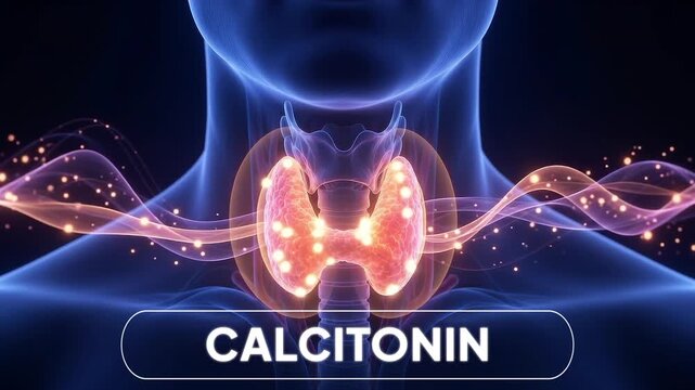Calcitonin Hormone Thyroid Gland Animation in Human Neck. Calcium Regulation, Bone Health and Endocrine System Concept