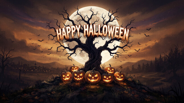 Spooky halloween night scene with jack o lanterns and bare tree silhouette