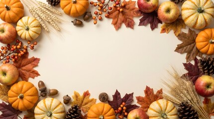 Fototapeta premium Thanksgiving autumn harvest frame with pumpkins and fall leaves