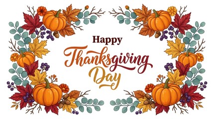 Obraz premium Happy Thanksgiving Day greeting card with autumn floral pumpkin frame