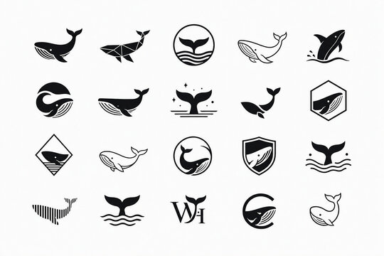 Set of minimalist blue whale icons and silhouettes, simple marine animal symbol collection in flat design