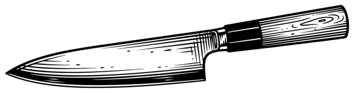 Japanese chef knife with wooden handle in woodcut engraving style
