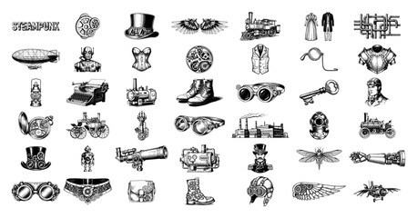 Steampunk mechanical icons and industrial elements in vintage woodcut style © Kumamoto
