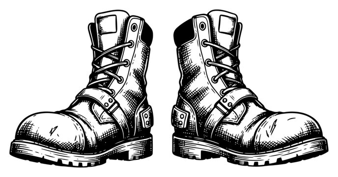 Heavy duty work boots or tactical combat footwear in detailed vintage engraving style