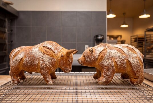 Bull and bear shaped artisanal sourdough bread loaves on bakery cooling rack