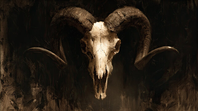 Ram skull with large curved horns on dark textured background