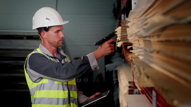 Warehouse worker scans stored materials with a handheld barcode scanner while using a digital tablet for inventory control and stock management.