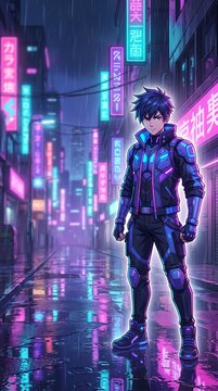 Original Anime Style Character Standing in Neon Lit Cyberpunk City at Night