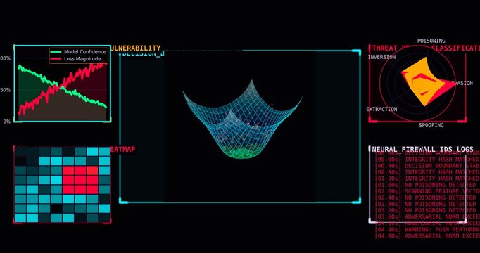 AI Cybersecurity Threat Detection Dashboard with Neural Firewall, IDS Logs, Vulnerability Analytics, Heatmap and 3D Machine Learning Model Visualization, Futuristic Motion Graphic Loop