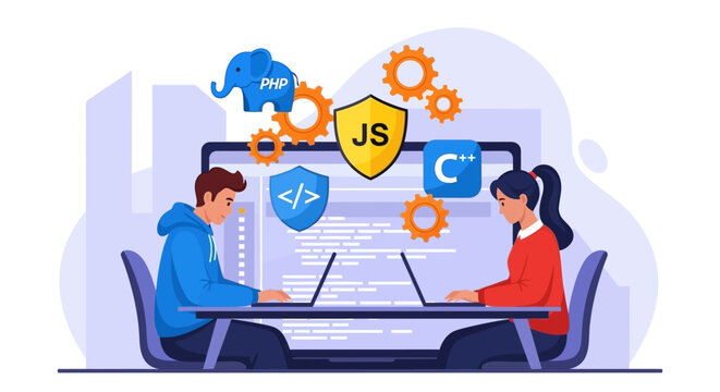 Software developers coding together in a modern office environment.