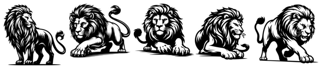 Fototapeta premium Lion collection in various powerful poses for logos and mascots in bold black and white vector style