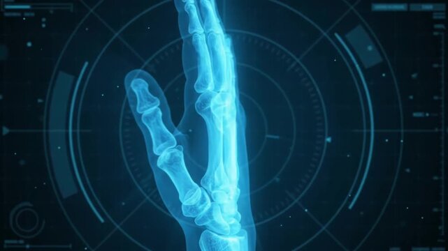 Close up Futuristic X ray Scan of Human Hand Bones with Digital Interface Overlay Medical Technology Concept