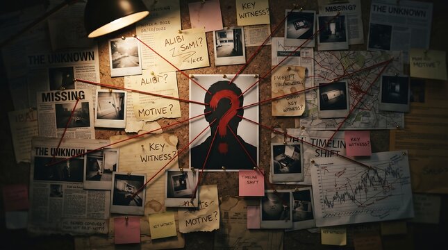 Mystery Investigation Wall Board with Red String Clues, Missing Person Photos, Notes and Central Question Mark - Detective True Crime Unsolved Case Concept Background