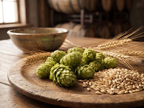 Fresh green beer hops and golden barley grains arranged on wooden plate for brewing process display rustic ingredients for craft beer production marketing materials visual.