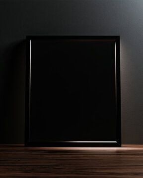 Glossy black square frame against dark wall on wooden floor