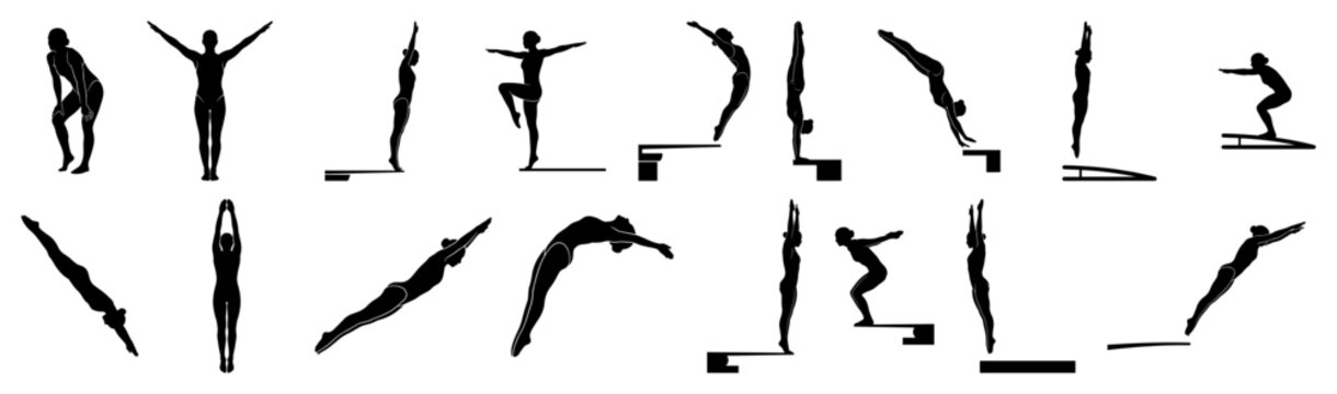 Swimmers jumping off diving board platform in silhouette set