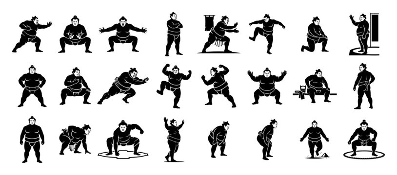 Big collection of sumo wrestler silhouettes in diverse poses and fighting positions