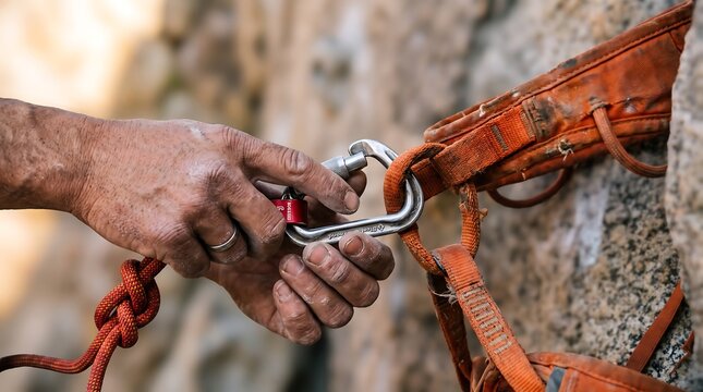 Close up of rock climber hands securing a carabiner and rope to a climbing harness with climbing equipment safety gear outdoor sport adventure sport fastening rope