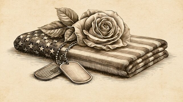 POW/MIA Recognition Day: illustration in the style of 19th-century etching, depicting a soldier's dog tags, folded flag, and single rose, fine crosshatch linework