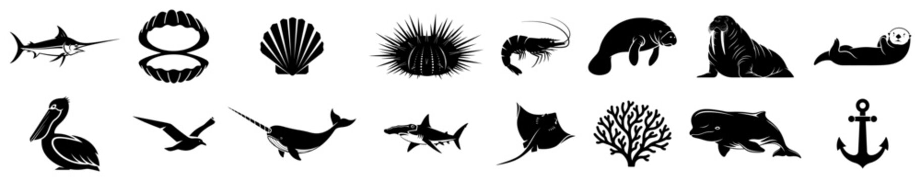 Sea life and marine animals silhouettes collection featuring shark whale and shells in minimalist black vector style