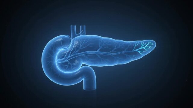 Glowing Blue 3D Animation of Human Pancreas Anatomy with Blood Vessels on Dark Background
