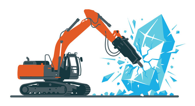 Excavator with jackhammer breaking large blue crystal construction