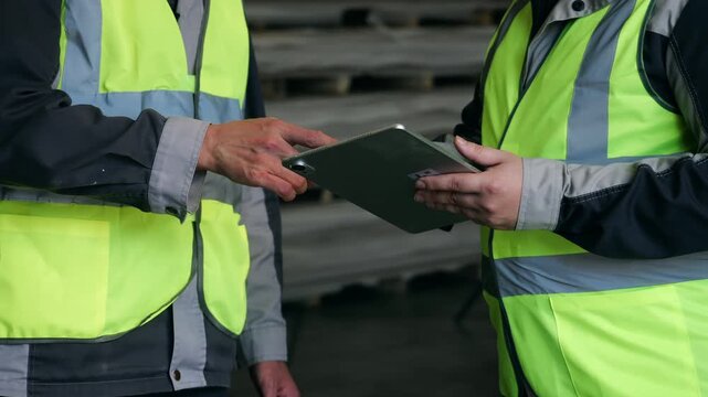 Close-up of warehouse workers discussing inventory data on a digital tablet, representing logistics management, teamwork, communication and digital warehouse operations.