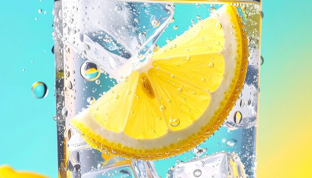 グラスの中でシュワシュワと弾ける新鮮な炭酸水。水滴と気泡が美しい清涼感あるフードフォト。生成AI