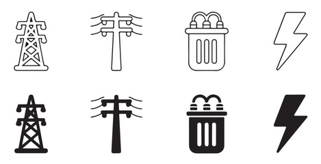 Fototapeta premium High voltage overhead power line transmission pylons electric pole transformer and lightning icons.