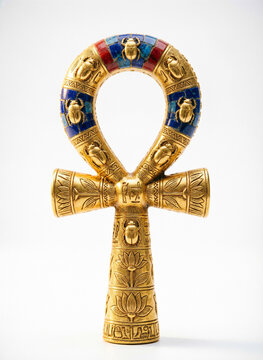ankh symbol decorated scarab, turquoise and carnelian inlays