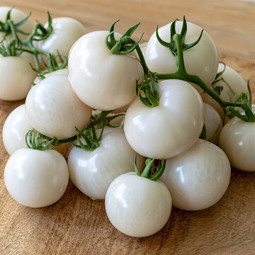 Cluster of rare white tomatoes on rustic wooden surface