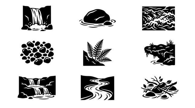 Minimalist nature waterfall and forest vector icon set. Cascading river, mountain rocks, river stones, fern foliage, and flowing stream elements perfect for outdoor branding, print, and web design.