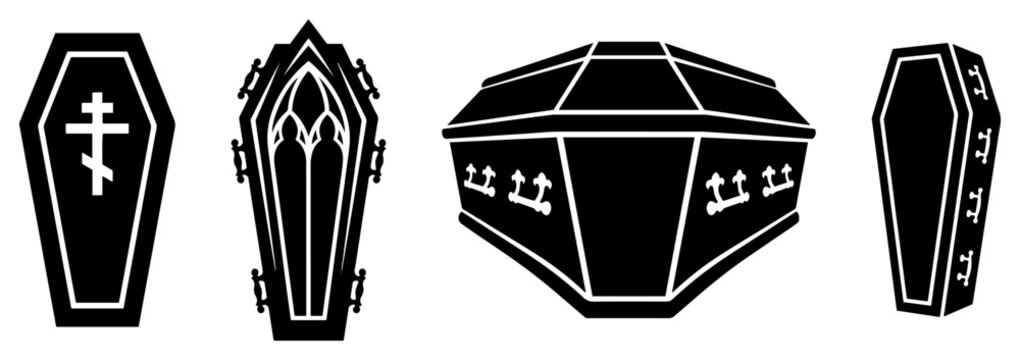 Funeral coffins and caskets set in minimalist black silhouette style