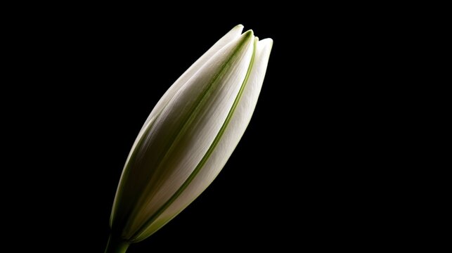 villainy. A single white lily bud on a dark background, soft light. gardening catalogs, home-decor guides, designed for home decor and floral branding and gardening and botanical catalogs.