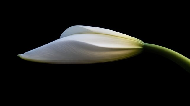 villainy. A single white lily bud on a dark background, soft light. gardening catalogs, home-decor guides, designed for home decor and floral branding and gardening and botanical catalogs.
