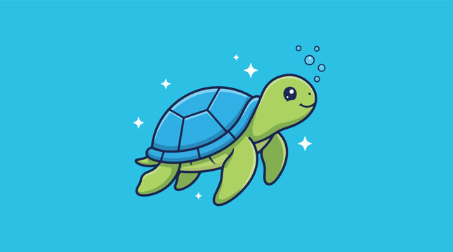 Cheerful cartoon green sea turtle with a blue shell smiling.