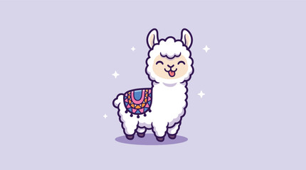 Cute cartoon llama with a colorful saddle on a light purple background. © Caroline Studio
