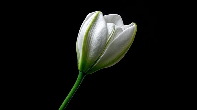 villainy. A single white lily bud on a dark background, soft light. gardening catalogs, home-decor guides, designed for home decor and floral branding and gardening and botanical catalogs.