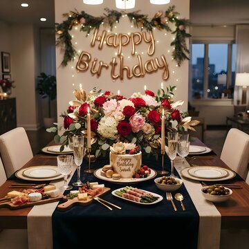 생일 축하 현수막과 요리가 차려진 파티 테이블
Party table set with happy birthday banner and dishes