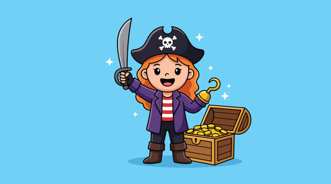 Cute cartoon pirate girl with sword hook and treasure chest full of gold coins.
