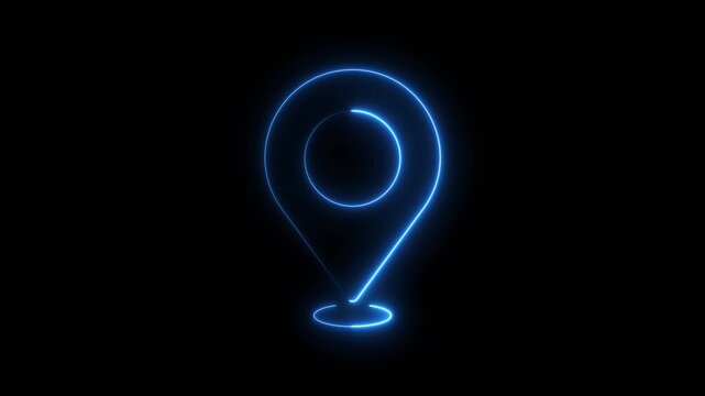 Neon blue map location pin animation, glowing digital navigation pointer symbol for ui