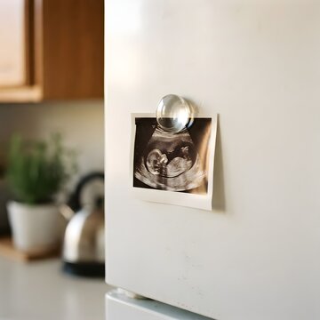 흰 벽에 붙은 아기 태아 초음파 사진 프레임
Baby fetus ultrasound photo frame attached to white wall