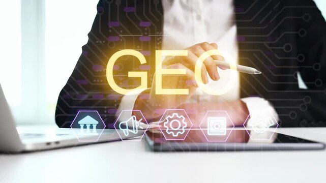 A business person holds a pen while using a tablet. The desk has a laptop and displays digital icons related to technology and work. Sunlight enters the office.