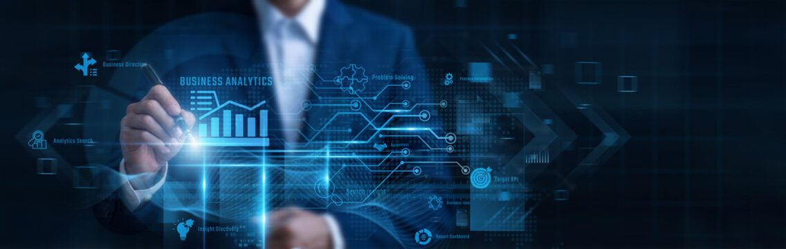 Businessman Pointing Business Analytics, quantitative market research and data driven growth strategy, corporate revenue forecasting, statistical trend evaluation, business process optimization