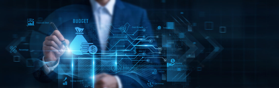 Businessman Pointing Budget, strategic corporate financial allocation and fiscal expense planning, capital investment allocation, corporate cost management, annual financial forecasting