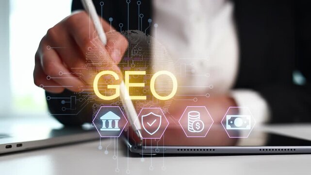 A person works at a table with a laptop and a tablet. There are digital icons and text overlays related to geography and finance. The scene shows a business environment.
