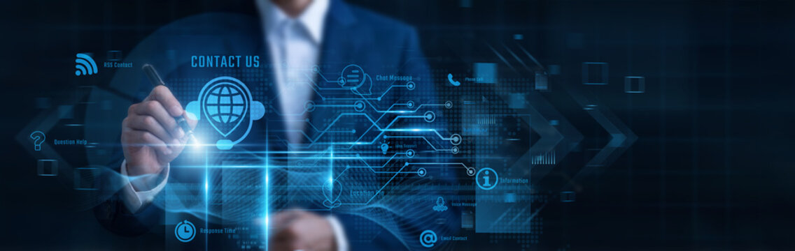 Businessman Pointing Contact Us, customer support connection and multi channel corporate communication, client inquiry help desk, online service helpdesk, business hotline access