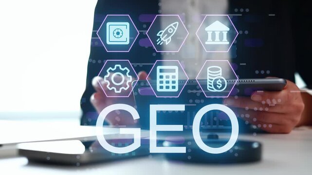 A person holds a smartphone while interacting with digital graphics in a business setting. The symbols represent finance, technology, and planning. The scene takes place during a work meeting.