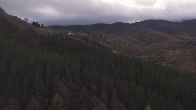 Aerial drone view of Aizkorri natural park around Arantzazu on winter, at the Basque Country.