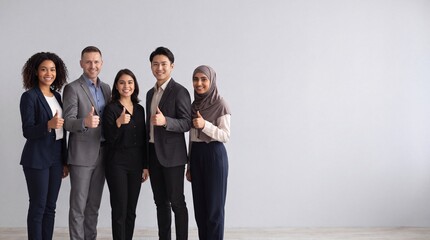Obraz premium A diverse team of five business professionals standing in a line against a light gray ad social media download thambnail poster web template event festival 2026 2027 2028